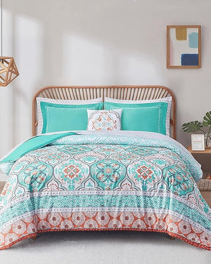 Degrees of Comfort Full Size Comforter Sets with Sheets Floral, Aqua Boho Complete Bedding Set for teen girls, Microfiber 8 Piece Bed in a Bag with Side Pockets, Matching Decorative Pillow - LeafyLoom