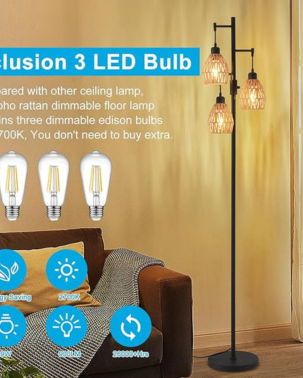 Boho Rattan Floor Lamp - Standing Lamps for Living Room 70'' Dimmable Floor Lamp with Cage Shade, Industrial Farmhouse Floor Lamps Rustic Floor Lamps Vintage Lamp for Living Room Bedroom Office - LeafyLoom