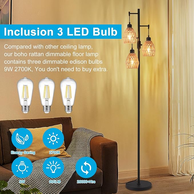 Boho Rattan Floor Lamp - Standing Lamps for Living Room 70'' Dimmable Floor Lamp with Cage Shade, Industrial Farmhouse Floor Lamps Rustic Floor Lamps Vintage Lamp for Living Room Bedroom Office - LeafyLoom
