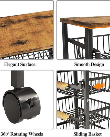 Wisdom Star 5 Tier Fruit Basket for Kitchen, Vegetable Storage Cart with Wooden Tabletop, Vegetable Basket Bins for Onions and Potatoes, Wire Storage Basket Organizer Utility Cart with Wheels, Black - LeafyLoom