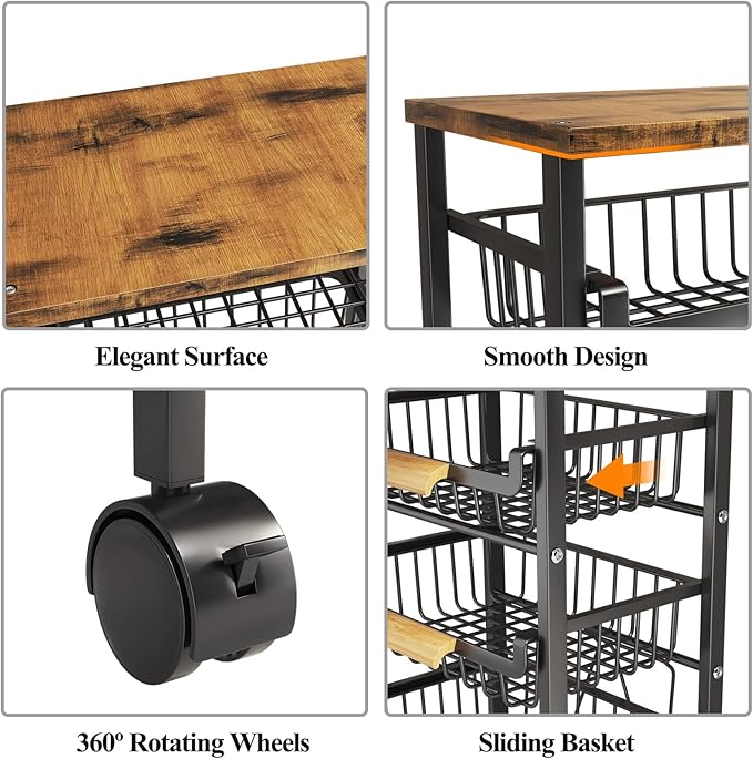 Wisdom Star 5 Tier Fruit Basket for Kitchen, Vegetable Storage Cart with Wooden Tabletop, Vegetable Basket Bins for Onions and Potatoes, Wire Storage Basket Organizer Utility Cart with Wheels, Black - LeafyLoom