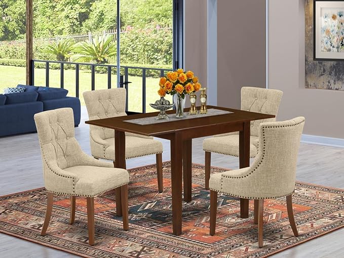 East West Furniture NDFR5-MAH-05 Norden 5 Piece Dinette Set Includes a Rectangle Dining Room Table with Dropleaf and 4 Doeskin Linen Fabric Upholstered Parson Chairs, 30x48 Inch - LeafyLoom