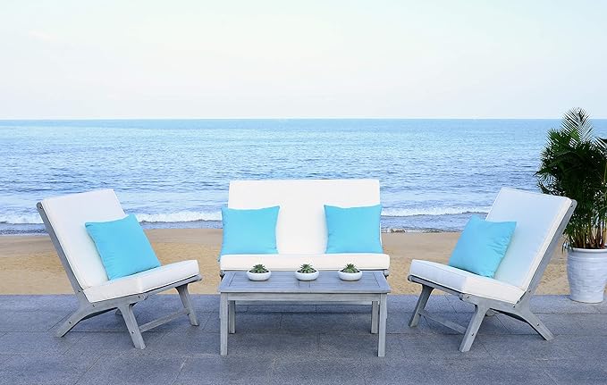 Safavieh PAT7044B Collection Chaston Wash and White and Light Blue 4 Pc Living Accent Pillows Outdoor Set, Grey/Beige Soild - LeafyLoom