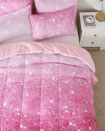 Pink Glitter Comforter Set Full/Queen Size for Girls, Sparkle Galaxy Twinkle Starlight Comforter for Kids Teen,2 Piece Pink Ombre Pastel Bedding Set with 2 Pillow Cases(Pink) - LeafyLoom