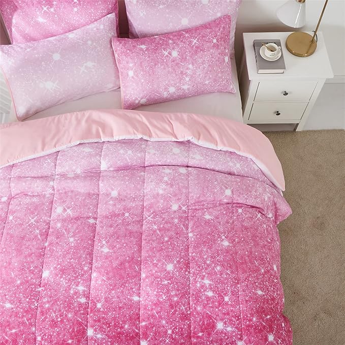 Pink Glitter Comforter Set Full/Queen Size for Girls, Sparkle Galaxy Twinkle Starlight Comforter for Kids Teen,2 Piece Pink Ombre Pastel Bedding Set with 2 Pillow Cases(Pink) - LeafyLoom