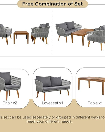4-Piece, Outdoor Furniture with Loveseat, 2 Chairs and Table, Patio Conversation Set Deep Seating with Thick Backyard Porch Balcony, Zh-Dark Grey Cushion + Grey Rope - LeafyLoom