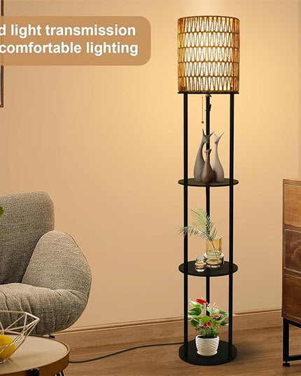 Floor Lamp with Shelves, Corner Floor Lamps for Living Room, Boho Floor Lamp with Double Shades, Rattan Standing Lamp for Bedroom Office, Shelf Tall Floor Lamp for Storage Display, Home Decor - LeafyLoom