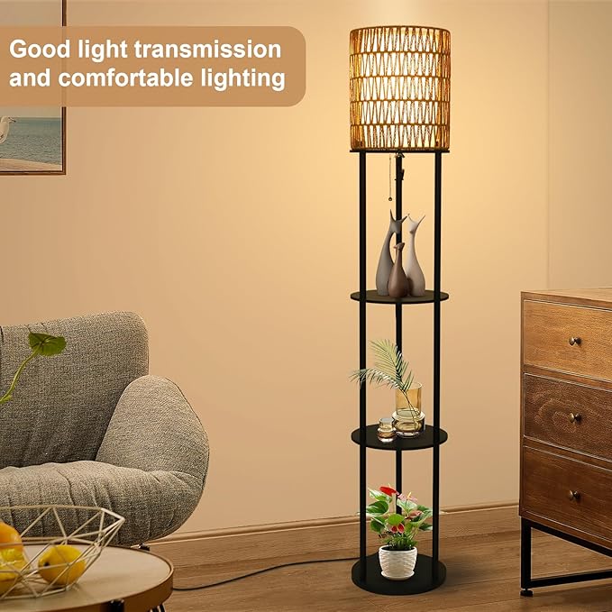 Floor Lamp with Shelves, Corner Floor Lamps for Living Room, Boho Floor Lamp with Double Shades, Rattan Standing Lamp for Bedroom Office, Shelf Tall Floor Lamp for Storage Display, Home Decor - LeafyLoom