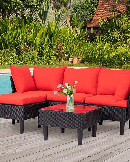 FDW Patio Furniture Sets 5 Pieces Outdoor Wicker Conversation Set Sectional Sofa Rattan Chair for Outdoor Backyard Porch Poolside Balcony Garden Furniture with Coffee Table,Red Cushion - LeafyLoom