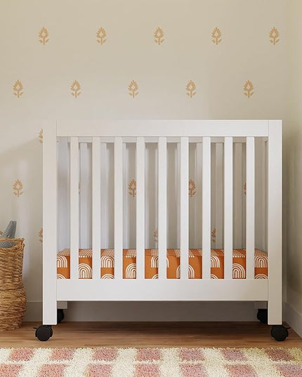 Babyletto Origami Mini Portable Crib Folding with Wheels in White, 2 Adjustable Mattress Positions, Greenguard Gold Certified - LeafyLoom