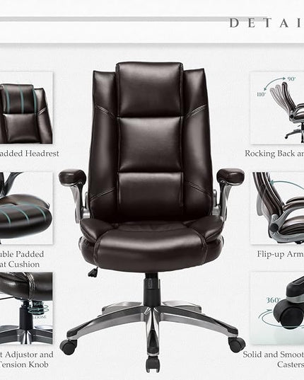 COLAMY Leather Executive Office Chair- High Back Home Computer Desk Chair with Padded Flip-up Arms, Adjustable Tilt Lock, Swivel Rolling Ergonomic Chair for Adult Working Study, Brown - LeafyLoom