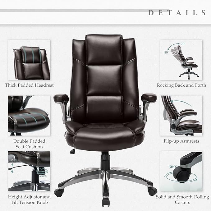 COLAMY Leather Executive Office Chair- High Back Home Computer Desk Chair with Padded Flip-up Arms, Adjustable Tilt Lock, Swivel Rolling Ergonomic Chair for Adult Working Study, Brown - LeafyLoom