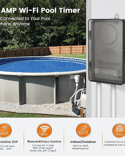 SURAIELEC WiFi Pool Timer, Outdoor Indoor Smart Switch, 40 AMP, 2HP, 120, 240, 277 VAC, Heavy Duty Pool Controller Light Timer Box for Pool Pump, Water Heater, Spa, Powerful Electrical Appliances SURAIELEC