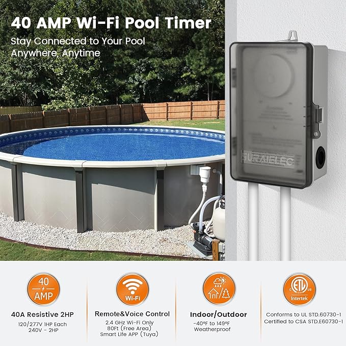 SURAIELEC WiFi Pool Timer, Outdoor Indoor Smart Switch, 40 AMP, 2HP, 120, 240, 277 VAC, Heavy Duty Pool Controller Light Timer Box for Pool Pump, Water Heater, Spa, Powerful Electrical Appliances SURAIELEC