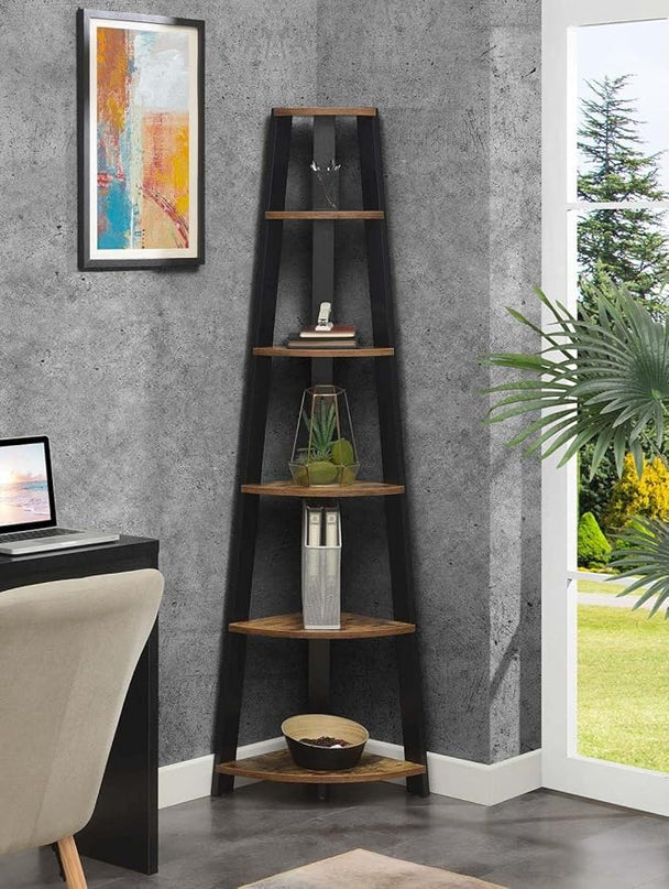 Convenience Concepts Newport 5-Tier Corner Bookshelf, Barnwood/Black - LeafyLoom