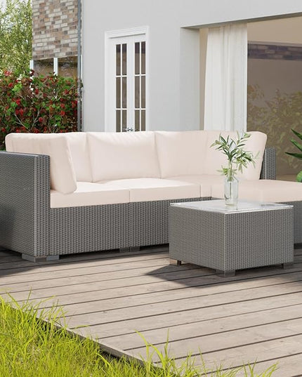 GAOMON 5-Piece Outdoor Patio Rattan Wicker Sofa Set, Pe Rattan Conversation Sectional with Thickened Back Cushion, Glass Tabletop, Ottoman - Ideal for Courtyard Space, Beige - LeafyLoom