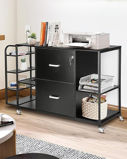 Lateral File Cabinet, 2 Drawer Mobile Filing Cabinet with Outlet, Open Storage Side Shelves, Locking Drawer Fits A4/Letter/Legal Size File Cabinets for Home Office, Black - LeafyLoom