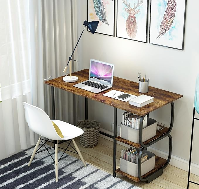 Newest Simple Open Shelf for Bedroom Living Room, 47.2Inch Home Office Computer Desk with Storage Shelves, Study Writing Table for Small Spaces, Caramel Wood Grain - LeafyLoom