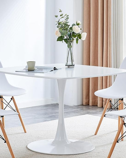 42 inch White Square Pedestal Table for 4-6 Person, Mid Century Modern Table for Kitchen Dining Room - LeafyLoom
