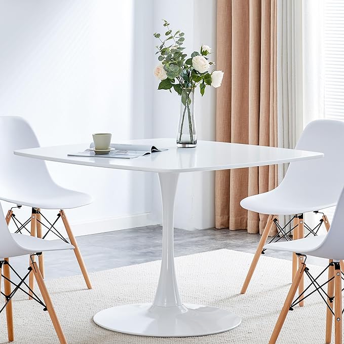 42 inch White Square Pedestal Table for 4-6 Person, Mid Century Modern Table for Kitchen Dining Room - LeafyLoom
