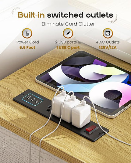 Rustic Corner Desk with Storage, L Shaped Farmhouse Office Desk with Sufficient Storage Capacity, Built-in Power Socket and Barn Door Design - LeafyLoom