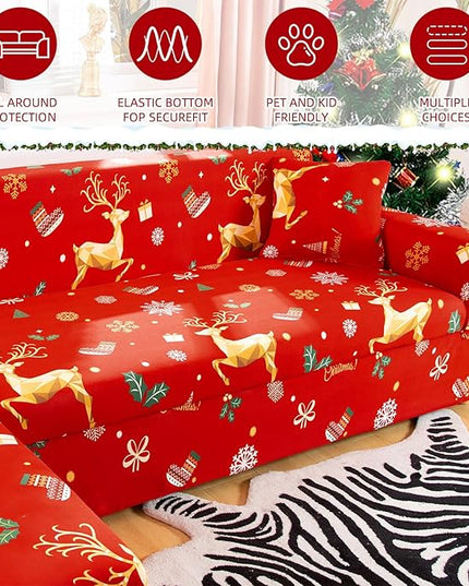 Mybedsoul Christmas Printed Red Sofa Cover Reindeer Printed Elastic Couch Cover Machine Washable Christmas Theme Red Sofa Slipcover for Living Room(2 Seater/Loveseat) Mybedsoul