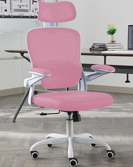 Ergonomic Office Chair with Tilt-Lock, Home Office Desk Chair with Auto Lumbar Support, High Back Mesh Desk Chair with Adjustable Headrest, Swivel Task Chair or Study Room Bedroom,Pink - LeafyLoom