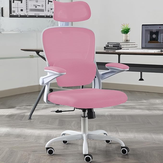Ergonomic Office Chair with Tilt-Lock, Home Office Desk Chair with Auto Lumbar Support, High Back Mesh Desk Chair with Adjustable Headrest, Swivel Task Chair or Study Room Bedroom,Pink - LeafyLoom