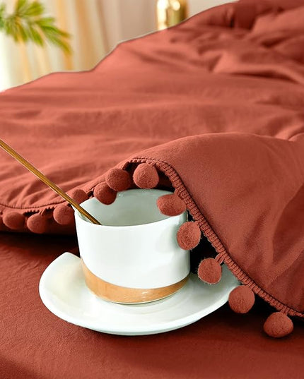 Litanika King Size Comforter Set Terracotta,3 Pieces Terracotta Boho Pom Pom Lightweight Bed Comforter, All Season Soft Solid Color Bedding Comforter Sets (1 Comforter 104x90 Inch, 2 Pillowcases) - LeafyLoom