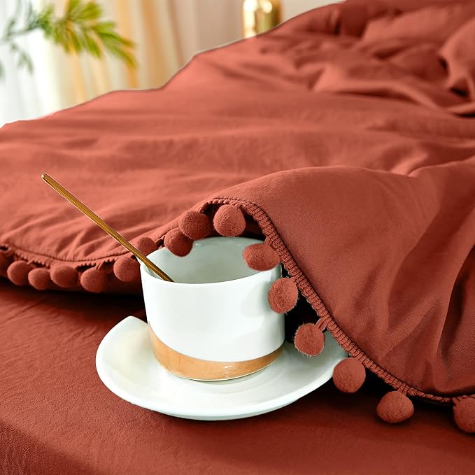 Litanika Queen Size Comforter Set Terracotta,3 Pieces Terracotta Boho Pom Pom Lightweight Bed Comforter, All Season Soft Solid Color Bedding Comforter Sets (1 Comforter 90x90 Inch, 2 Pillowcases) - LeafyLoom