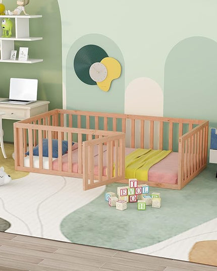 Multifunctional Twin Size Floor Bed with Safety Guardrails and Door, Montessori Sturdy Solid Wood Beds Frame, Easy Assembly and No Spring Need, for Boys and Girls Room, Natural - LeafyLoom