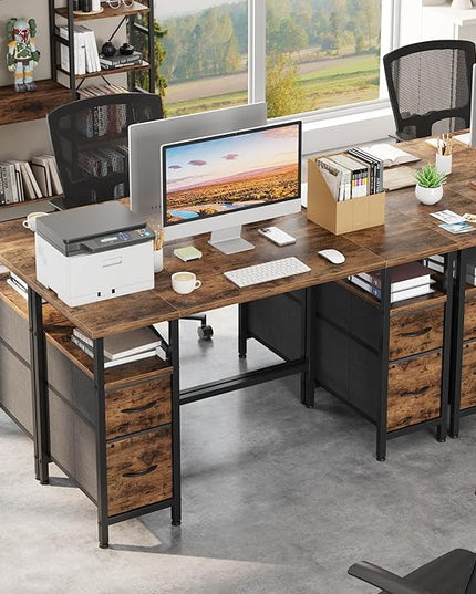 55'' Office Desk with 4 Fabric File Drawers - File Drawer Organization, Computer Work Desk, Study Writing Table, Home Office Workstation, Rustic Brown. - LeafyLoom