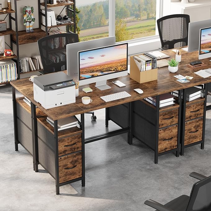 55'' Office Desk with 4 Fabric File Drawers - File Drawer Organization, Computer Work Desk, Study Writing Table, Home Office Workstation, Rustic Brown. - LeafyLoom