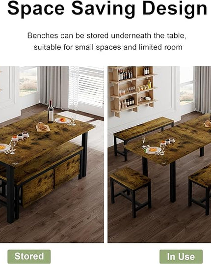 Feonase 5-Piece Dining Table for 4-8 People, 63" Extendable Kitchen Table Set with 2 Benches & 2 Square Stools, Dining Room Table with MDF Wood Board, Easy Clean, Rustic Brown - LeafyLoom
