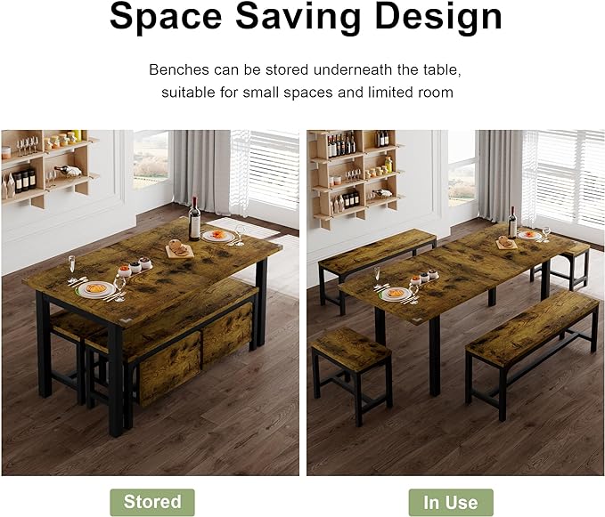 Feonase 5-Piece Dining Table for 4-8 People, 63" Extendable Kitchen Table Set with 2 Benches & 2 Square Stools, Dining Room Table with MDF Wood Board, Easy Clean, Rustic Brown - LeafyLoom