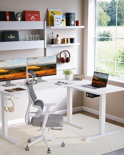 L-Shaped Electric Standing Desk, 63 x 48 Inches Height Adjustable Coner Table, Home Office Computer Workstation, White, 63 x 48 Inch - LeafyLoom