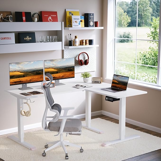 L-Shaped Electric Standing Desk, 63 x 48 Inches Height Adjustable Coner Table, Home Office Computer Workstation, White, 63 x 48 Inch - LeafyLoom