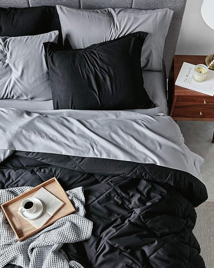 Bedsure Black Full Size Comforter Sets - 7 Pieces Reversible Comforter Set Full Bed in a Bag with Comforters, Sheets, Pillowcases & Shams, Full Bedding Sets - LeafyLoom