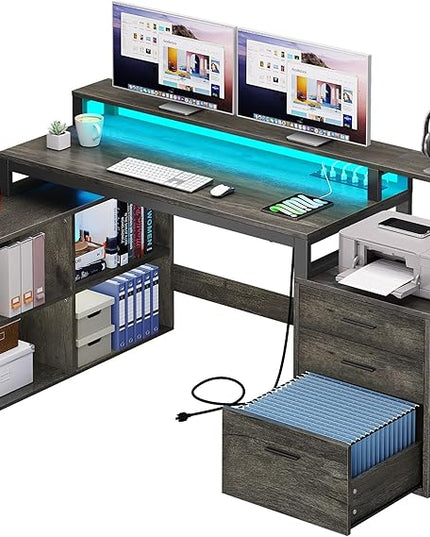 DWVO L Shaped Desk with Power Outlets & LED Lights, 65" Computer Desk with Drawers, Corner Desk Office Desk with File Cabinet & Printer Stand, Grey - LeafyLoom