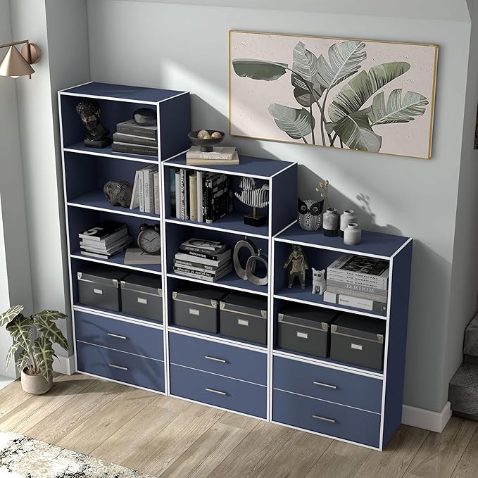 Apexa 3-Tier Cube Storage Organizer Shelves, Stackable Wood Bookcase Fits Cubby Bins for Organization, Dorm Teen Room Decor & Home Office, Steel Blue - LeafyLoom