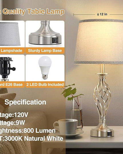 Nightstand Table Lamps for Bedrooms Set of 2 with USB C+A, Bedside Lamps with Spiral Cage Base, Tall Living Room Lamps for End Tables, Modern Night Stand Lamps for Bed Side Guest Room Bulbs Included - LeafyLoom
