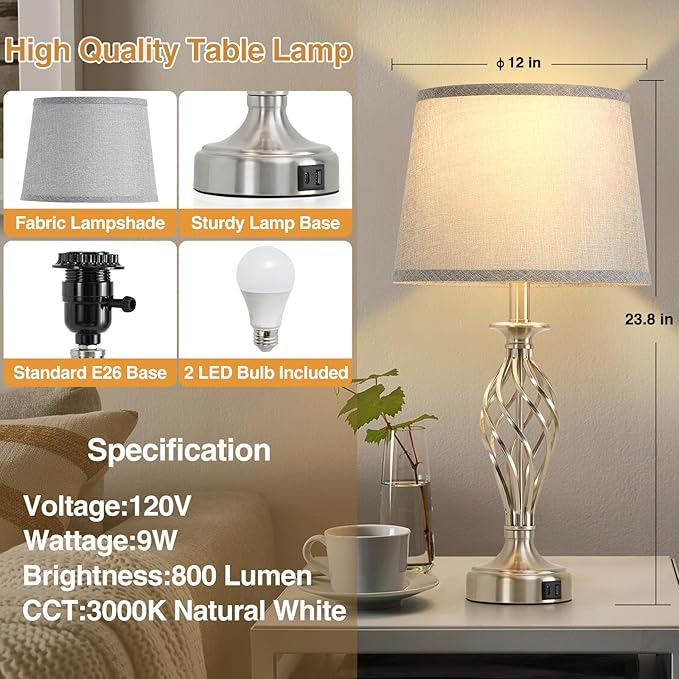 Nightstand Table Lamps for Bedrooms Set of 2 with USB C+A, Bedside Lamps with Spiral Cage Base, Tall Living Room Lamps for End Tables, Modern Night Stand Lamps for Bed Side Guest Room Bulbs Included - LeafyLoom