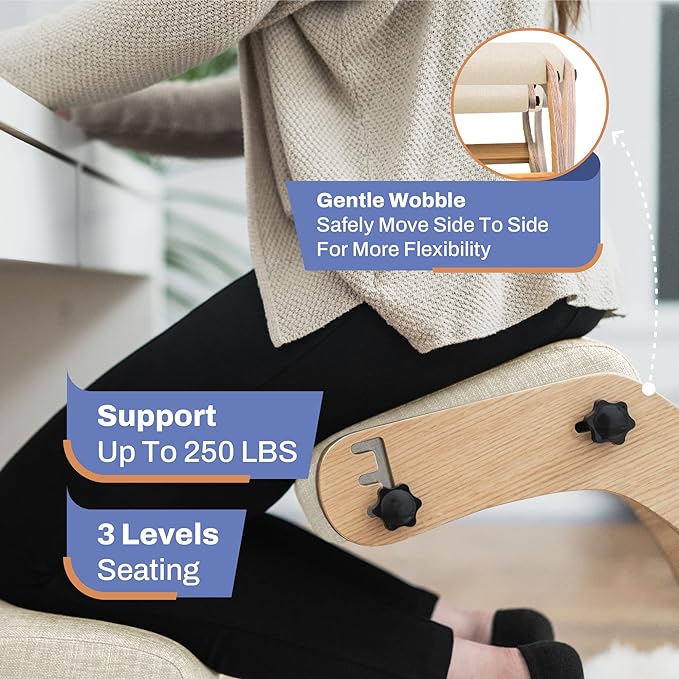 Ergonomic Kneeling Chair - Adjustable Height Rocking Knee Chair Posture Chair - Wooden Office Chair to Improve Posture - Desk Chair for Home Office Gift Woman - Angled Chair Ivory Kneeling Stool - LeafyLoom
