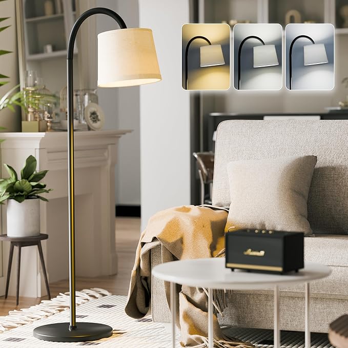 Floor Lamp for Living Room, Dimmable Floor Lamps (3 Color Temperatures and 9w Led Bulb), Standing Lamp with Beige Linen Lamp Shade, Modern Tall Arc Floor Lamp for Bedroom, Office, Study - LeafyLoom