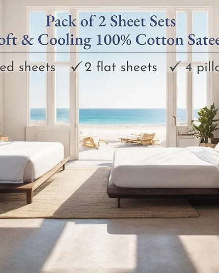 California Design Den 100% Cotton 2-Pack Sheets Set for Queen Size Bed, Soft & Durable Queen Size Deep Pocket Cotton Sheets, Queen Sheet Set with Sateen Weave, Cooling Sheets (Beige) - LeafyLoom