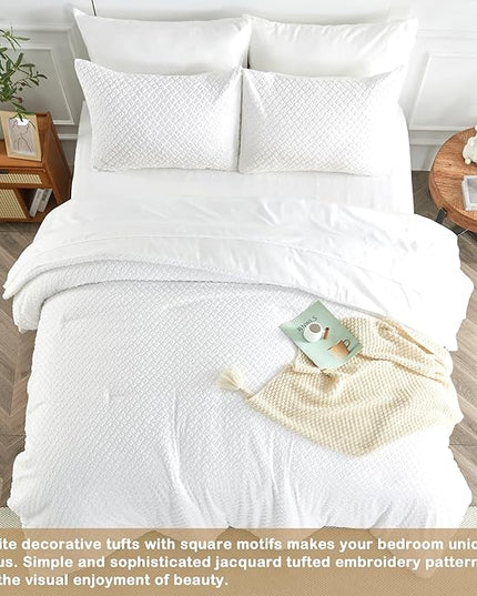 Twin Size Kids Comforter Set 6 Piece White Tufted Bedding Set for Boys Girls Jacquard Tufts Embroidery Bed in A Bag Quilt with 1 Comforter, 1 Flat Sheet, 1 Fitted Sheet, 1 Pillowcase and 2 Pillow Sham - LeafyLoom