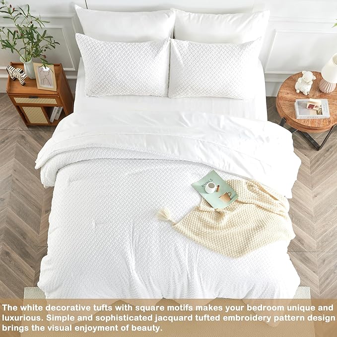 Twin Size Kids Comforter Set 6 Piece White Tufted Bedding Set for Boys Girls Jacquard Tufts Embroidery Bed in A Bag Quilt with 1 Comforter, 1 Flat Sheet, 1 Fitted Sheet, 1 Pillowcase and 2 Pillow Sham - LeafyLoom