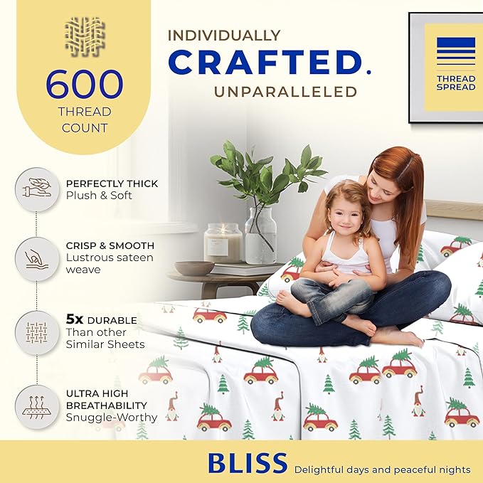 THREAD SPREAD 100% Egyptian Cotton Printed California King Sheet Sets - 4 PC 600 Thread Count Cal King Sheets, Soft Cooling Sheets, Deep Pocket Festive Joy Sheets, Winter Holiday Cotton Sheets - LeafyLoom