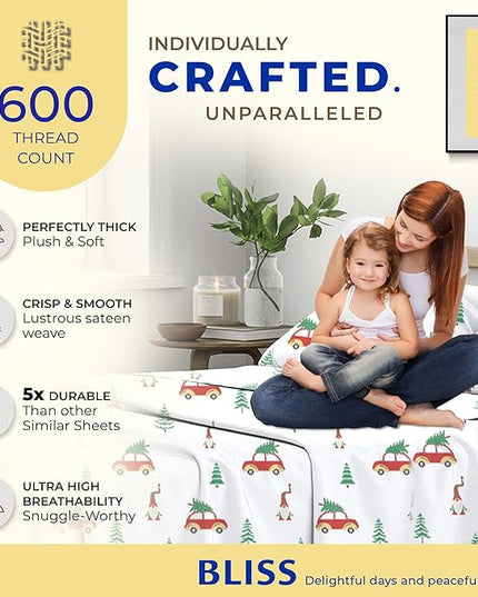 THREAD SPREAD 100% Egyptian Cotton Printed King Sheet Sets - 4 PC 600 Thread Count King Sheets - Soft & Breathable Cooling Sheets - Deep Pocket Festive Joy Sheets - Winter Holiday Cotton Sheets - LeafyLoom