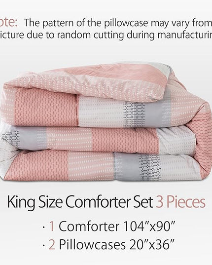Andency Stripe Comforter Set King Size (104x90 Inch), 3 Pieces Pink Patchwork Striped Comforter, Soft Microfiber Down Alternative Comforter Bedding Set with Corner Loops - LeafyLoom